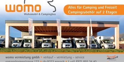 Caravan dealer - Thurgau - womo vermietung gmbh
Wohnmobil Verkauf und Vermietung
Grosser Campingzubehör Shop (ca. 350qm) auf 2 Etagen
Unser Motto: ALLES für Camping und Freizeit! - WoMo Vermietung GmbH