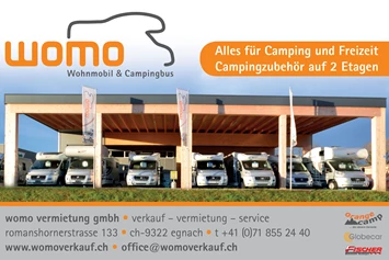 Wohnmobilhändler: womo vermietung gmbh
Wohnmobil Verkauf und Vermietung
Grosser Campingzubehör Shop (ca. 350qm) auf 2 Etagen
Unser Motto: ALLES für Camping und Freizeit! - WoMo Vermietung GmbH