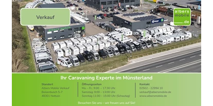 Caravan dealer - Unfallinstandsetzung - Germany - Albers Mobile Verkauf
Beisenbusch 5-7
48301 Nottuln
Mo. – Fr.: 09:00 – 13:00 Uhr & 14:00 – 17:30 Uhr
Sa.: 09:00 – 13:00 Uhr
So.: 11:00 – 15:00 Uhr (Schautag)
0 25 02 - 22 99 410
verkauf@albersmobile.de - Albers Mobile