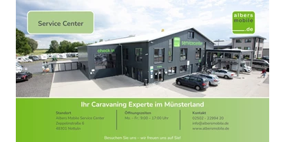 Caravan dealer - Unfallinstandsetzung - Germany - Albers Mobile Service Center
Zeppelinstraße 6
48301 Nottuln
Mo. – Fr.: 09:00 – 13:00 Uhr & 14:00 – 17:00 Uhr
0 25 02 - 22 99 420
info@albersmobile.de - Albers Mobile