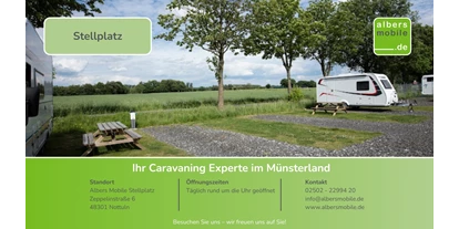 Caravan dealer - Unfallinstandsetzung - Germany - Albers Mobile  Stellplatz
Zeppelinstraße 6
48301 Nottuln
7 Tage / 24 Stunden
0 25 02 - 22 99 420
info@albersmobile.de - Albers Mobile