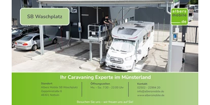 Caravan dealer - Unfallinstandsetzung - Germany - Albers Mobile  SB Waschplatz
Zeppelinstraße 6
48301 Nottuln
Mo. – Sa.: 07:30 – 22:00 Uhr
0 25 02 - 22 99 420
info@albersmobile.de - Albers Mobile