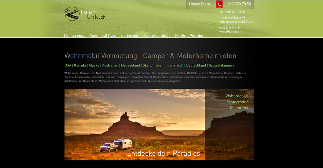 Wohnmobilhändler: Webseite für Wohnmobil und Camper Vermietung www.tourlink.ch - Tourlink.ch
