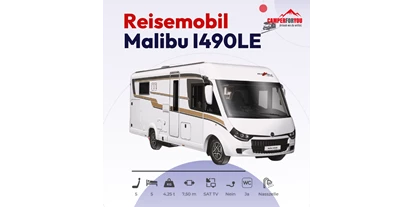 Caravan dealer - geeignet für: Pärchen - Booking Detail: https://camperforyou.rentingforce.net/de_DE/booker/show/objectGroup/9321?portal%5Bplugin%5D=1686
Manufacturer	Malibu
Model	               I490LE
Seats	                5 
Sleeping places    5 
maximum weight allowed	4.25 t 
Gearbox	                Automatic 
Vehicle length	7.50 m 
Performance	        160 hp
TV / Satellite TV	Satellite TV 
Driving license class	C1
trailer hitch	               No 
toilet	                       Yes 
Outdoor shower / wet room	wet room 
Height	2.94 m 
Width	2.27 m  - Camperforyou GmbH